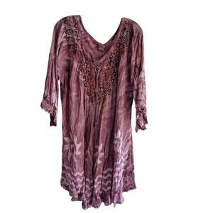 NWT Shoreline Boho One Size Purple Beading Embroidery Gauze 3/4 Sleeves Top